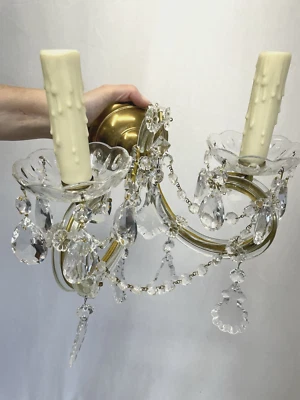 Pair RESTORED Antique Vtg Crystal Wall Sconces Art Deco Nouveau Ornate, French - Image 1 of 4