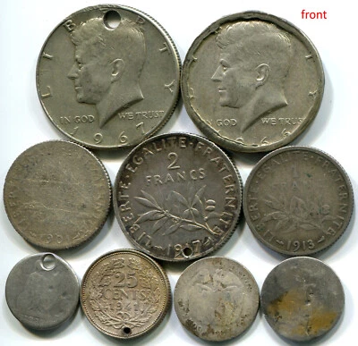 Lote C012, EE. UU. 1966 mitad, Francia 1901 franco, Reino Unido 1838 4 peniques, 9 feas monedas de plata Foto 1 de 2