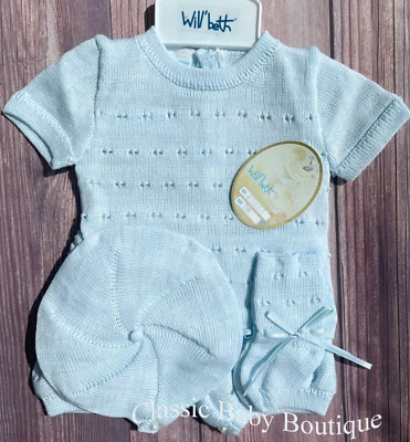 Nuevo con etiquetas Juego de pañales Will'beth azul tejido 4 piezas prematuro bebé niño sombrero botines talla 00 Foto 1 de 2