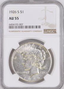 :1926-S 1$ SILVER PEACE DOLLAR SPOTLESS NGC AU-55 CLEAR &: BRIGHT HIGHER-GRADES - Picture 1 of 2