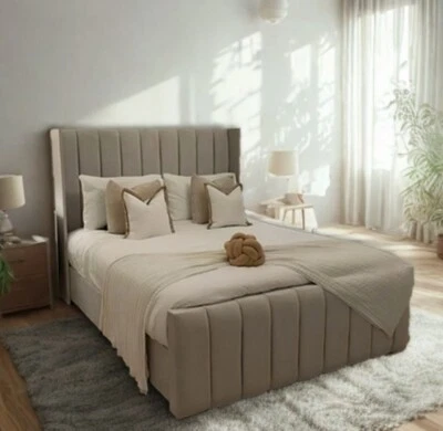 BSSPOKE GROUP Winged Panel Bed Frame Plush Velvet Upholstered Ottoman Lift &Mattress All Sizes