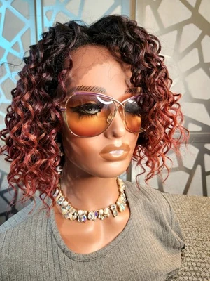 Peluca roja castaño rojizo ombre peluca corta rizada Cooper peluca de encaje sin jengibre 13x4 Foto 1 de 4