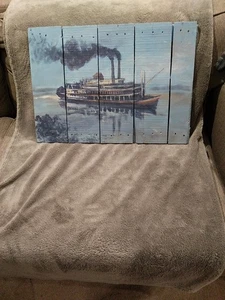Barco de vapor pintado a mano en 5 paneles de madera 26" X 18" firmado por G. Holdren 2011 - Imagen 1 de 17