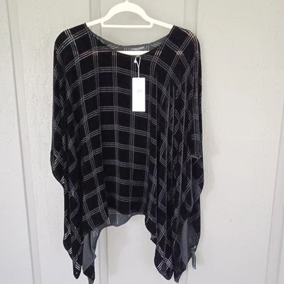 Poncho Eileen Fisher Terciopelo a Cuadros Borrout Talla OS Minimalista Rayón Seda Negro Foto 1 de 4