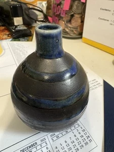 Miniature Vintage Handmade Pottery Bud Vase Glazed in Blue & Black 3.5 “ Marked - Picture 1 of 6