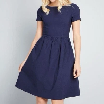 ModCloth Pleated Skirt A-Line Stretch Mini Dress Women’s M Navy Empire Waist - Image 1 of 4