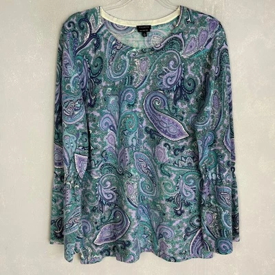 Talbots毛衣尺寸L喇叭袖100%美利奴羊毛蓝色紫色佩斯利波西米亚 — 第 1/4 张图片