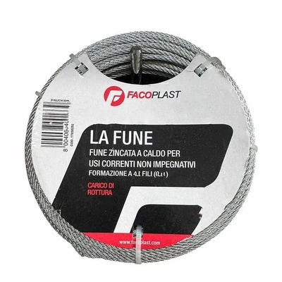Cavo Corda FUNE ACCIAIO ZINCATO 2 4 5 6 mm 10 25 100 mt 300 a 1200 KG Facoplast - Immagine 1 di 4