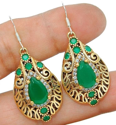 Ottoman Empire Style 18CT Treated Emerald 925 Sterling Silver Earrings S3-8 - Image 1 of 2