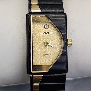 Vintage Watch-it Watch Womens Black Enamel Rectangle Face Gold Tone Adjustable - Bild 1 von 19