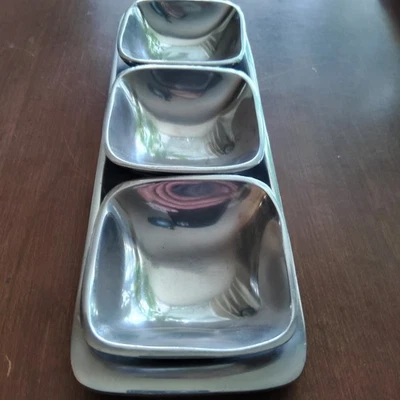 Pottery Barn Barona Aluminum 13" x 4"  Platter & (3) 4" x 4"  Serving Bowls - Image 1 of 4