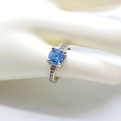 Anel de coquetel folheado a prata azul água-marinha strass transparente tamanho 5 - Imagem 1 de 4