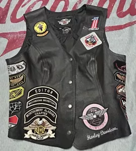 Chaleco de cuero Harley Davidson para mujer XL parches a presión Eagle propietarios de EE. UU. - Imagen 1 de 8