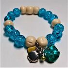 Blue Glass and Wood Beaded Charm Bracelet-7.5 inch Stretchy