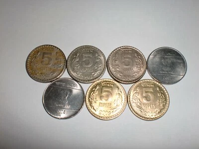 INDIA COINS LOT OF  7 X "RS. 5/-”  OLD & NEW COINS- BIG&HEAVY-2002-2010#P/7AL8 - Image 1 of 4