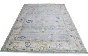 Alfombra de gran tamaño de lana suave diseño Oushak anudada a mano azul beige para dormitorio hogar. - Imagen 1 de 10