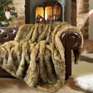 Golden Faux Fur Throw Blanket for Couch Sofa, Long Pile Fur Blankets and Throws, - Picture 1 of 10