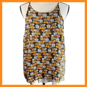 Porridge Tank Top Suitcase Print Sleeveless Black Orange Travel Vacation Size S - Picture 1 of 14