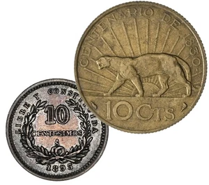 URUGUAY 10 Centesimos 1893 Silver AU & 1930 XF Aluminum-Bronze 'Puma' (2pcs) - Picture 1 of 4