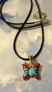NAVAJO Zeita Begay Plata Esterlina MARIPOSA CORAL TURQUESA COLLAR COLGANTE - Imagen 1 de 4