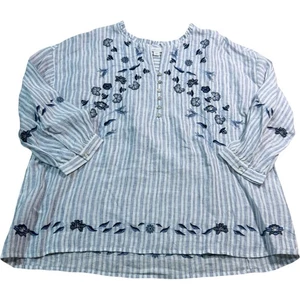J Jill Love Linen Striped Embroidered Tunic Top Women Medium Blue White - Picture 1 of 7