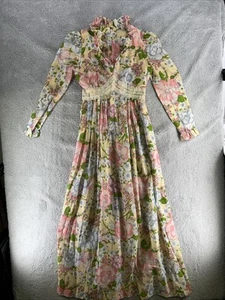 Vtg 70's Act I Pink Floral Cottagecore Prairie Lace Trim Belt Maxi Dress Medium - Picture 1 of 8