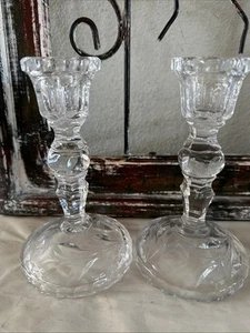 Vintage Pair of Floral Clear Etched Glass Candlesticks 6 1/2” Tall - Picture 1 of 7