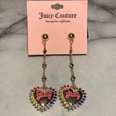 Pendientes colgantes Juicy Couture tono dorado corazón en cadena con detalles de cristal nuevos con etiquetas Foto 1 de 4