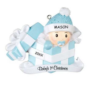 Personalized Baby in Present First Christmas Ornament - Blue - Bild 1 von 1
