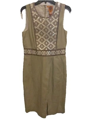 Vestido Vaina Tory Burch Tostado 100% Lino Sin Mangas Textura Neutra 8 Bordados Foto 1 de 4