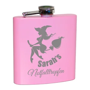 Flachmann Notfalltropfen Hexe Namens Gravur Geschenk Frauen JGA Pink Rosa lustig - Bild 1 von 2