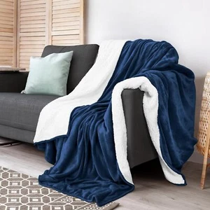 Navy Sherpa Fleece Throw Blanket Luxurious Soft Reversible Cozy Warmth - Picture 1 of 8