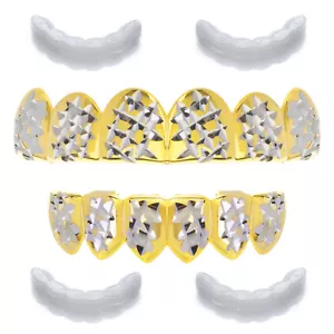 JUEGO DE GRILLZ de corte rapero chapado en oro dientes de tapa inferior superior LS 001 C2 G 2 barras adicionales - Imagen 1 de 4
