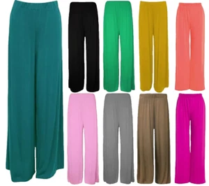 New Ladies Women's Plain Palazzo Trousers Flared Wide Leg Pants Plus Size 8-26 - Picture 1 of 21