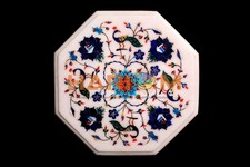 12" Marble Side Coffee Table Top Lapis Floral & Peacock Inlay Patio Decors W299