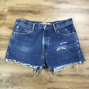 Levi’s 550 Denim Jean Shorts Men’s Size 36 Blue Cut Off Raw Hem Distressed Holes - Picture 1 of 13