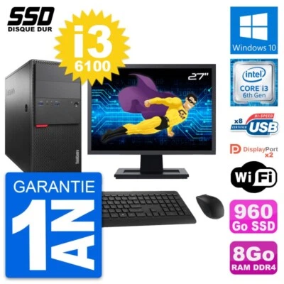 PC tour LENOVO M800 Pantalla 27" Intel i3-6100 RAM 8Go SSD 960Go Windows 10 Wifi - Imagen 1 de 4