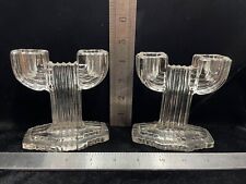 Set of 2 Vintage Anchor Hocking Queen Mary Clear Cactus Art Deco Candleholders