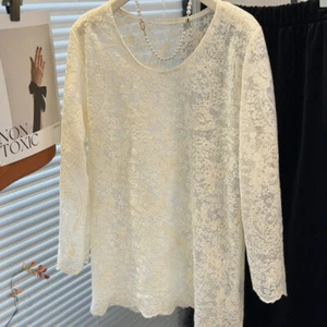 Women Lace Sheer Shirts Tops Mesh T-shirts Floral Round Neck Retro Casual - Picture 1 of 7