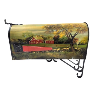 Custom Hand Painted Mailbox Standard Size Red Farm Barn Treen Country Landscape - Picture 1 of 11