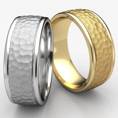 Hammered Finished Men's Women's Ring 14k White-Yellow-Rose Gold 8mm Wedding Band - Image 1 of 4