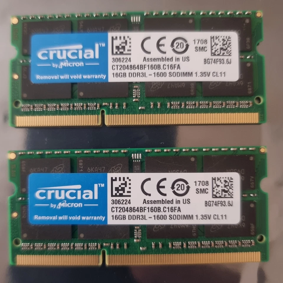 Crucial 32GB 2X16GB DDR3 2RX8 1600MHz PC3L-12800S 204pin Laptop Memory RAM 1708 - Image 1 of 1
