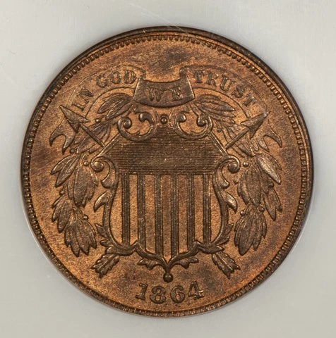 1864 2c Two Cent Piece - Red Brown Wood Grain - Fatty NGC MS 64 RB - SKU-B3139 Cover