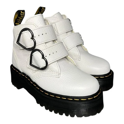 DR. MARTENS Boots DEVON HEART White Leather Platform Heart Buckle Women’s Sz 5 - Image 1 of 4