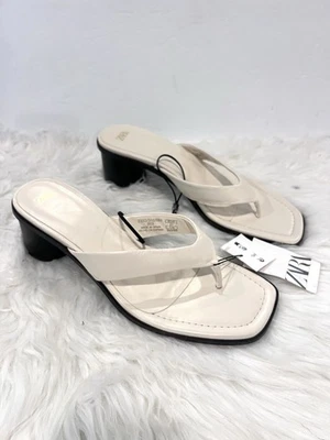 Sandalias de cuero Zara con tiras en la punta y tacón bloque blanco roto tanga para mujer US 10 EUR 41 Foto 1 de 4
