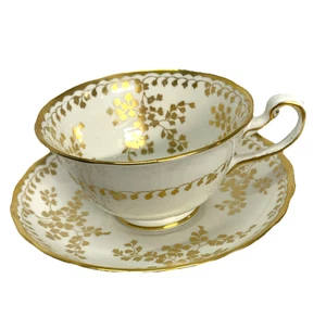 Royal Chelsea English China 2 Pc Tea Cup Golden Fern Vtg Beige w Gold Trim leave - Picture 1 of 14