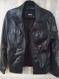 BENCH MENS BLACK FAUX LEATHER BIKER RETRO STYLE JACKET SIZE SMALL - Picture 1 of 3