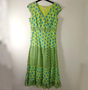 Adini Maxi Dress, Summer, Green with Blue Print, V Neck, Cap Sleeves, Size M - Picture 1 of 8