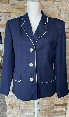 Talbots Petites Navy Blazer With White Piping Size 10P, Lined￼￼ - Image 1 of 4