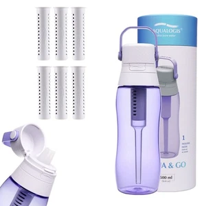 Aqualogis Aqua&Go Water Bottle Lavender 500ml + 6 Filter Cartridges - Picture 1 of 12